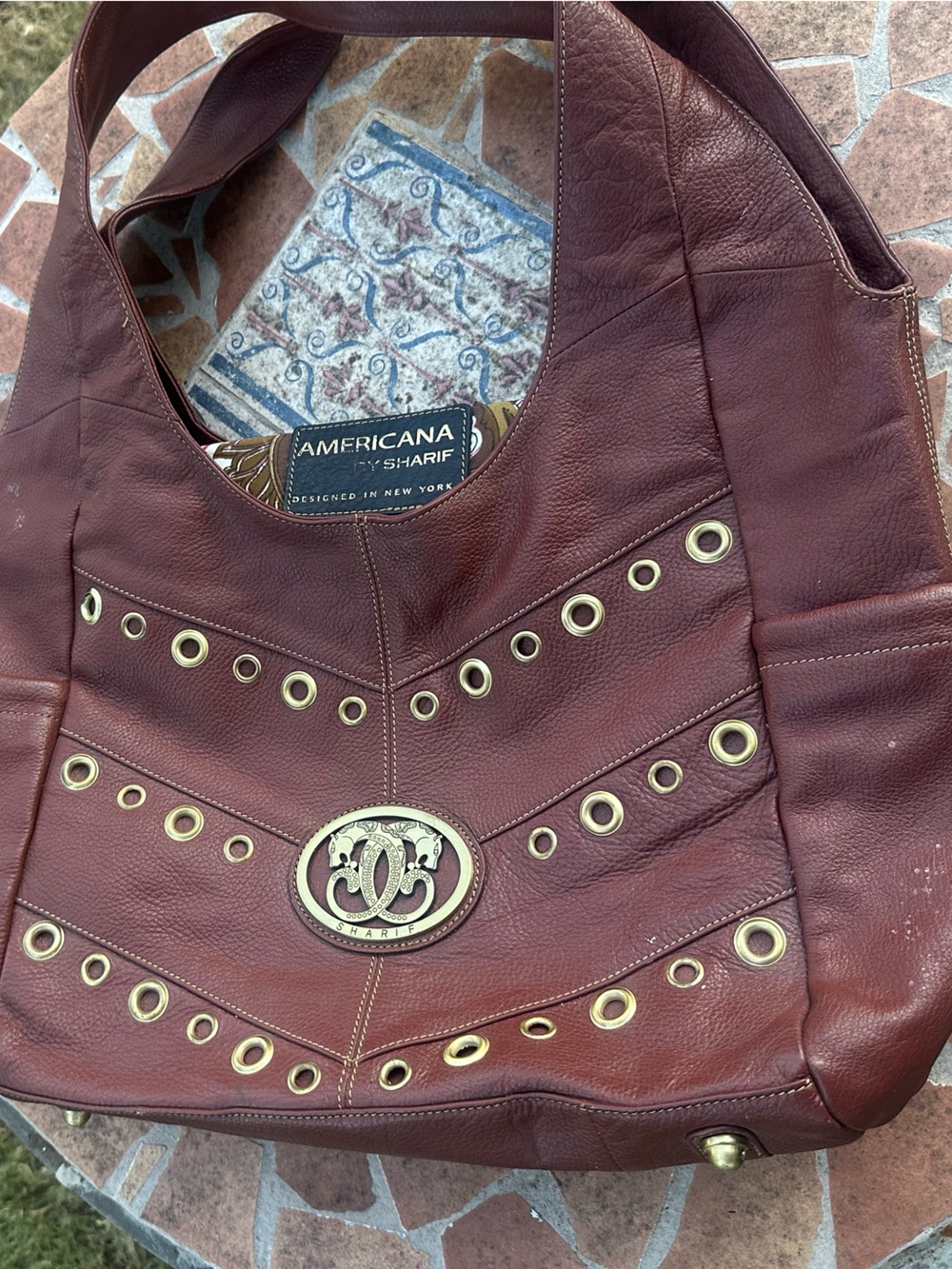 Sharif Vintage Brown Leather Shoulder Bag Medallion Brass Grommets Boho